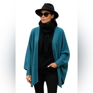 Casual Cashmere Cardigan Sweater, Batwing Sleeves, Turquoise, Travel, Luxe, OS